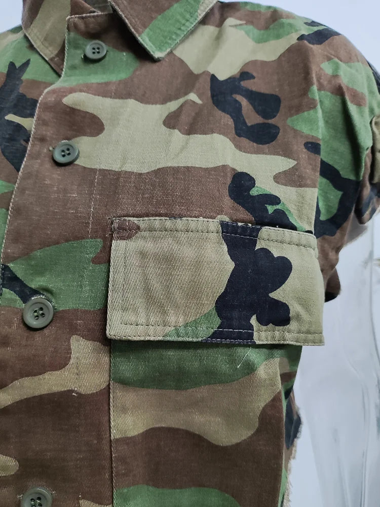 DEAT Camouflage Turn-down Collar Butterfly Sleeve Single Breasted Jacket