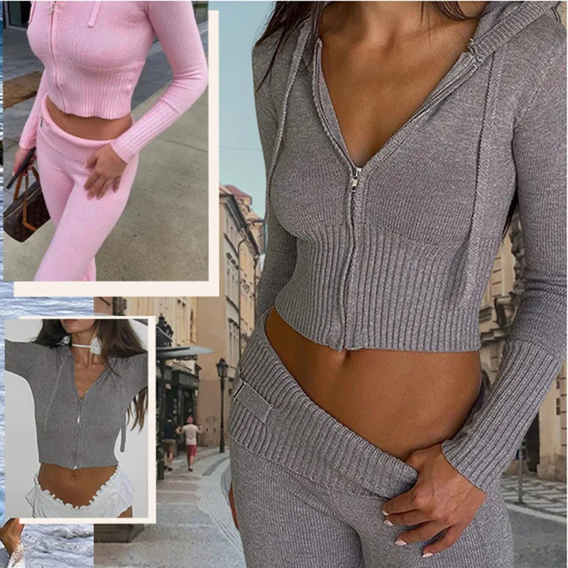 Trendy Knit Ribbed  Long Sleeve Zip Up Slim Fit Hooded Crop Tops + High Waist Long Pants