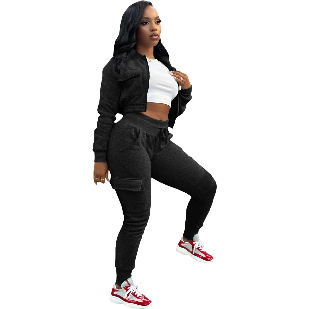 Sporty Two-Piece Cropped Jacket & High Waist Pocketed Jogger Pants