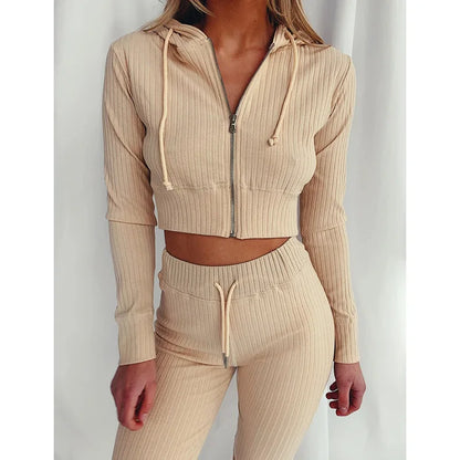 Trendy Knit Ribbed  Long Sleeve Zip Up Slim Fit Hooded Crop Tops + High Waist Long Pants