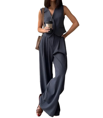 Women's Casual Chic Sleeveless V-neck Buttoned Vest & High Waist Pants 2 Piece Set