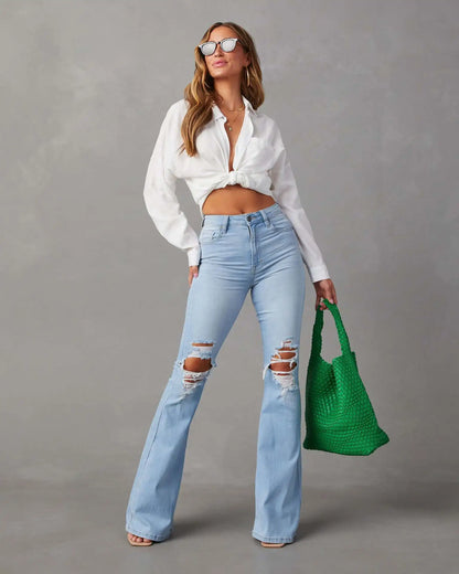 Casual Long Flare High Waist Denim Blue Jeans for Women