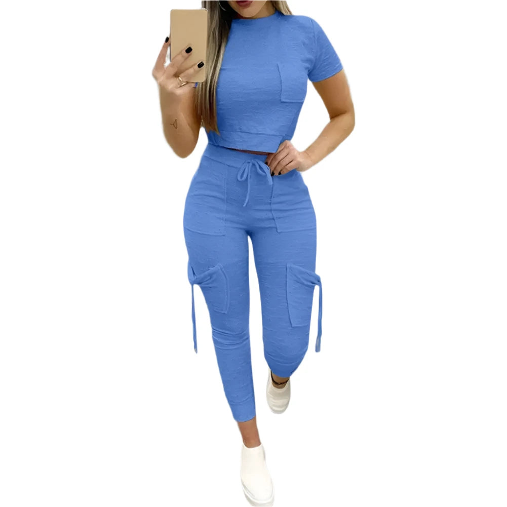 Sporty Cropped Tee & Slim Fit Cargo Joggers Two Piece Set