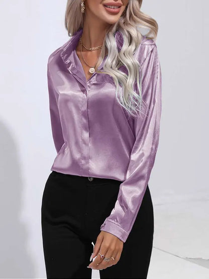 Satin V Neck Long Sleeve Shirt