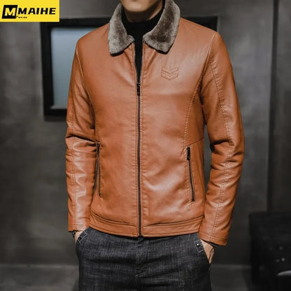 High Quality Men's Faux Leather Motorcycle Jacket Thickened Fur Collar and Inside Liner