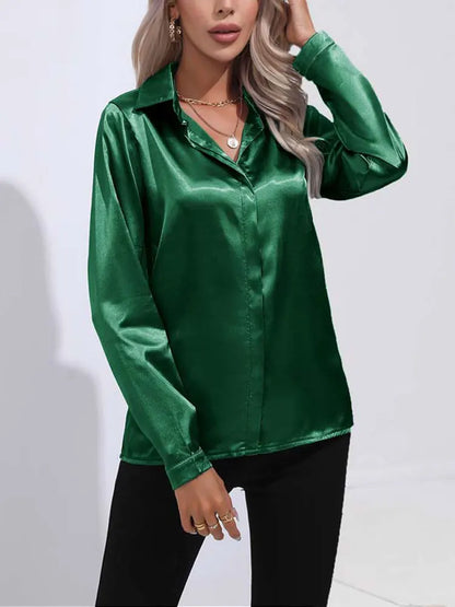 Satin V Neck Long Sleeve Shirt