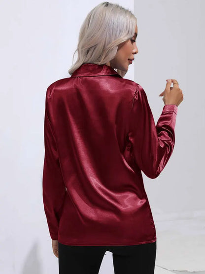 Satin V Neck Long Sleeve Shirt