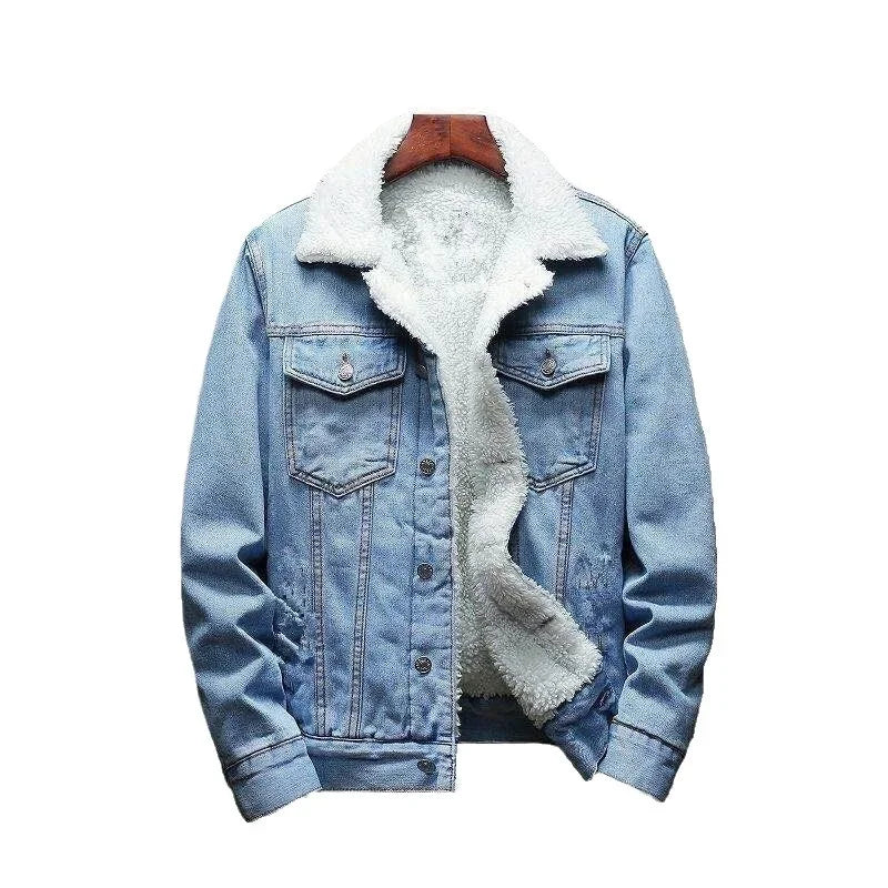 Men's Winter Casual Fleece Lining Thickened Sheep Denim Blue Jean Jacket