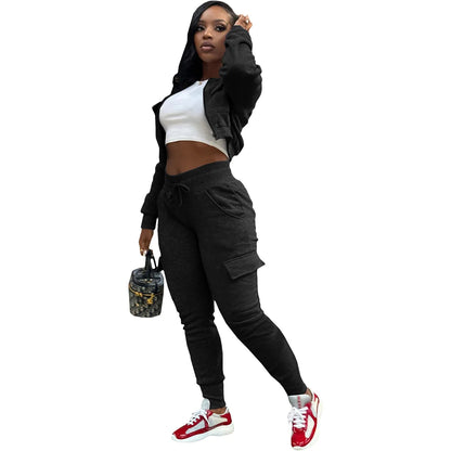 Sporty Two-Piece Cropped Jacket & High Waist Pocketed Jogger Pants