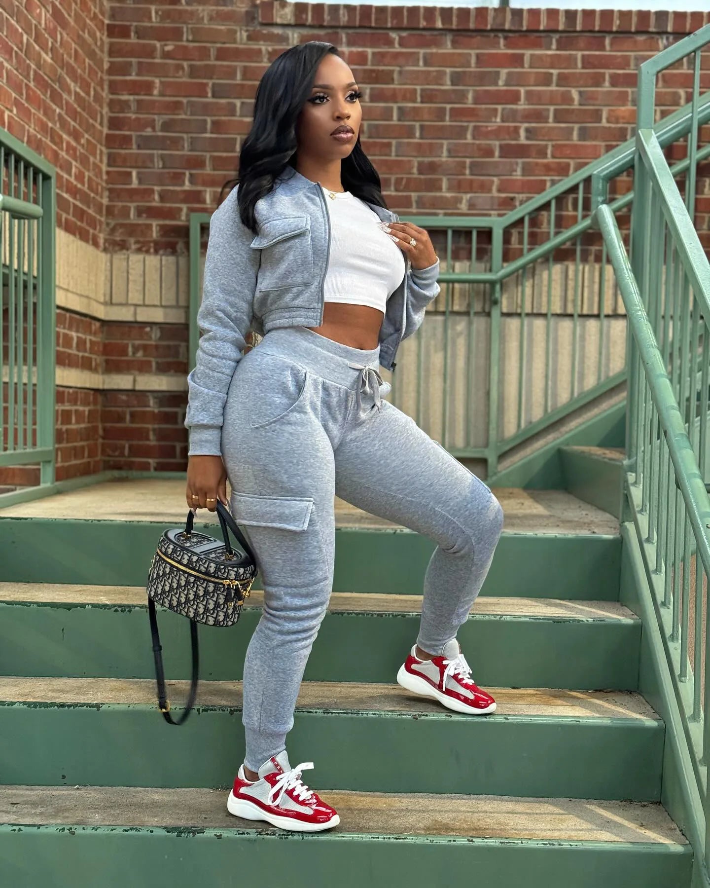 Sporty Two-Piece Cropped Jacket & High Waist Pocketed Jogger Pants