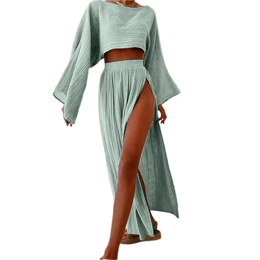 SANWOOD Elegant Crop Top & High Waist Slit Maxi Skirts 2 Pieces Sets