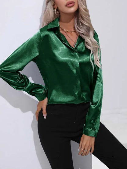 Satin V Neck Long Sleeve Shirt