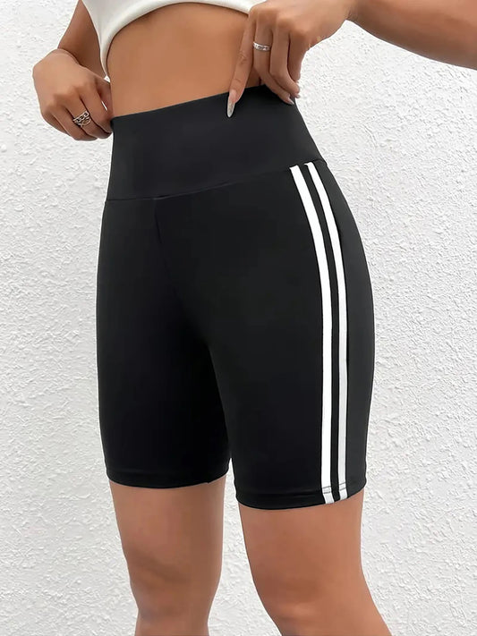 High Stretch Plus Size Athletic Shorts for Women Sporty Knit Mid Thigh Pants with Side Stripes Fashionable and Comfortable Pants