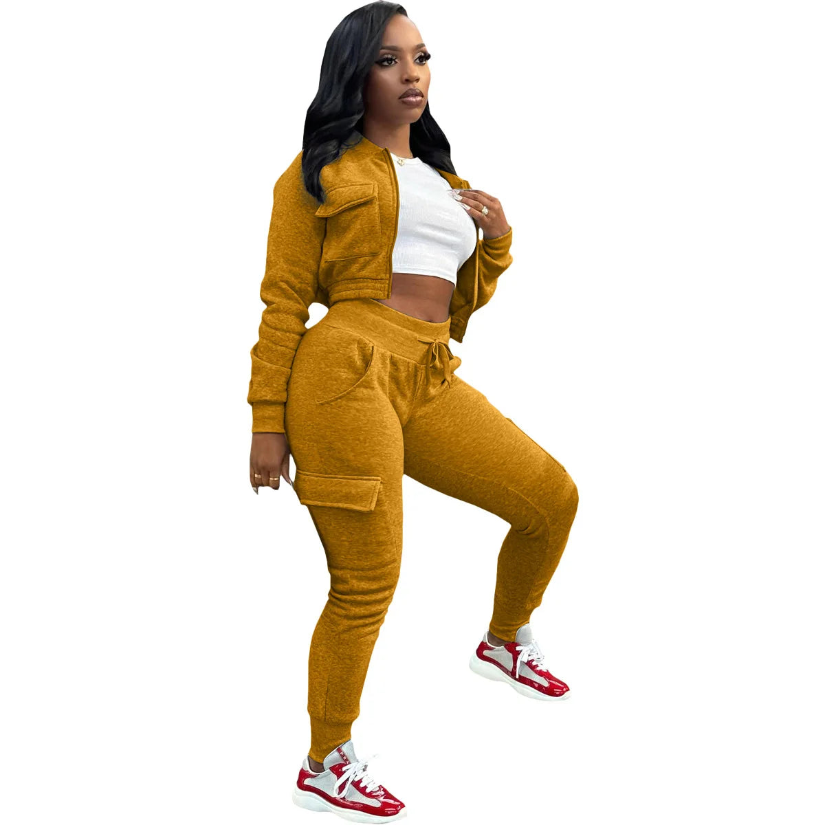 Sporty Two-Piece Cropped Jacket & High Waist Pocketed Jogger Pants