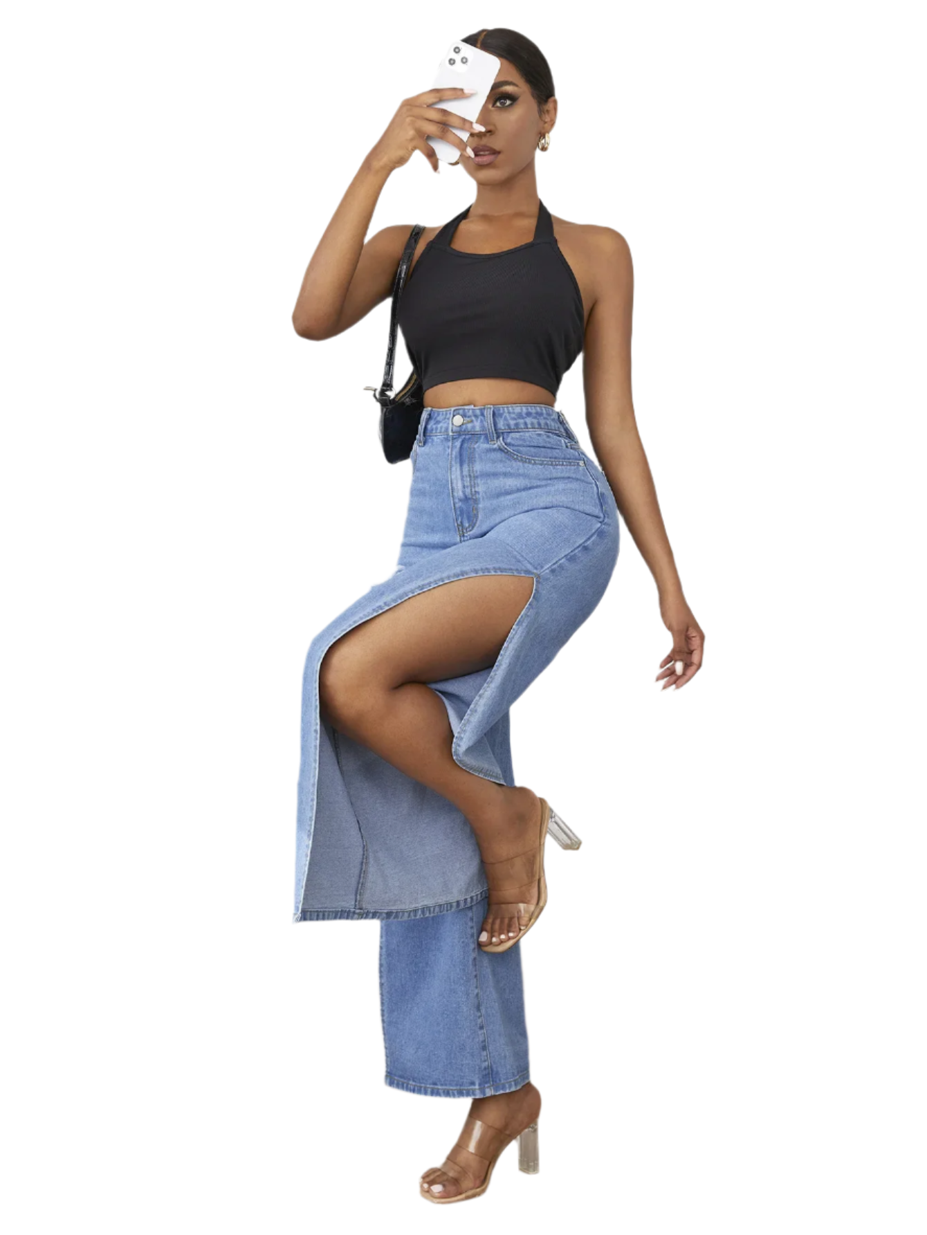 High Fashion Women's High Waist Ripped Slit Denim Blue Jeans