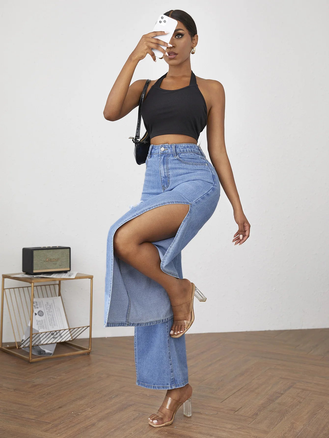 High Fashion Women's High Waist Ripped Slit Denim Blue Jeans