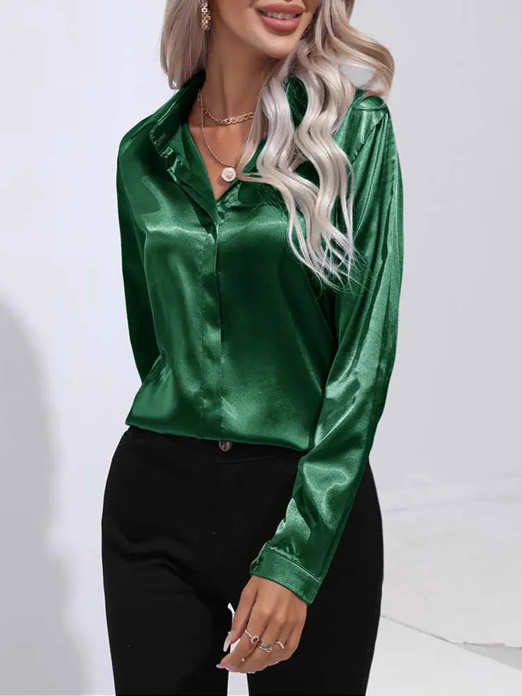 Satin V Neck Long Sleeve Shirt