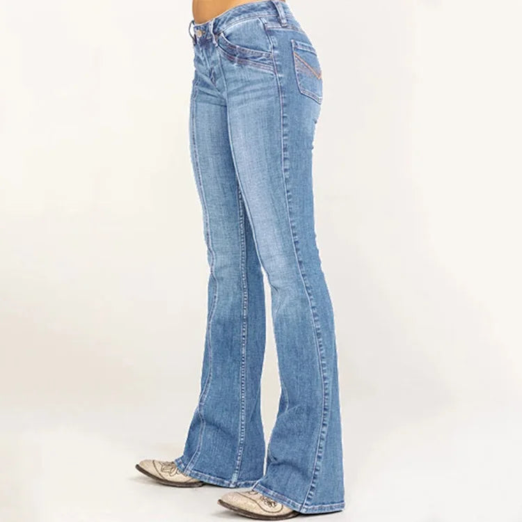 Mandylandy Slim Fit Slimming Bleached Bell-Bottom Flare Denim Blue Jeans