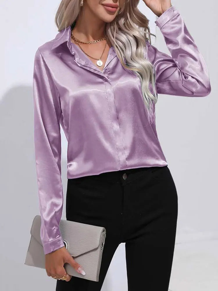 Satin V Neck Long Sleeve Shirt