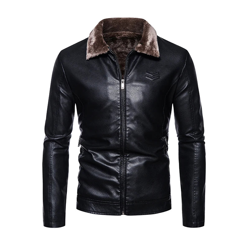 High Quality Men's Faux Leather Motorcycle Jacket Thickened Fur Collar and Inside Liner