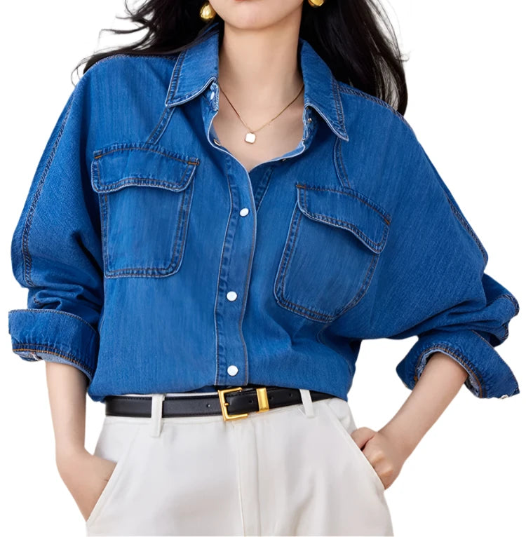 HHQ Casual Chic Vintage Denim Long Sleeve Button-up Shirt