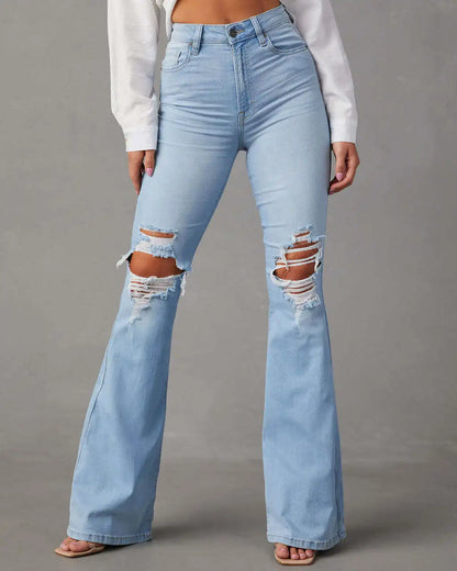 Casual Long Flare High Waist Denim Blue Jeans for Women