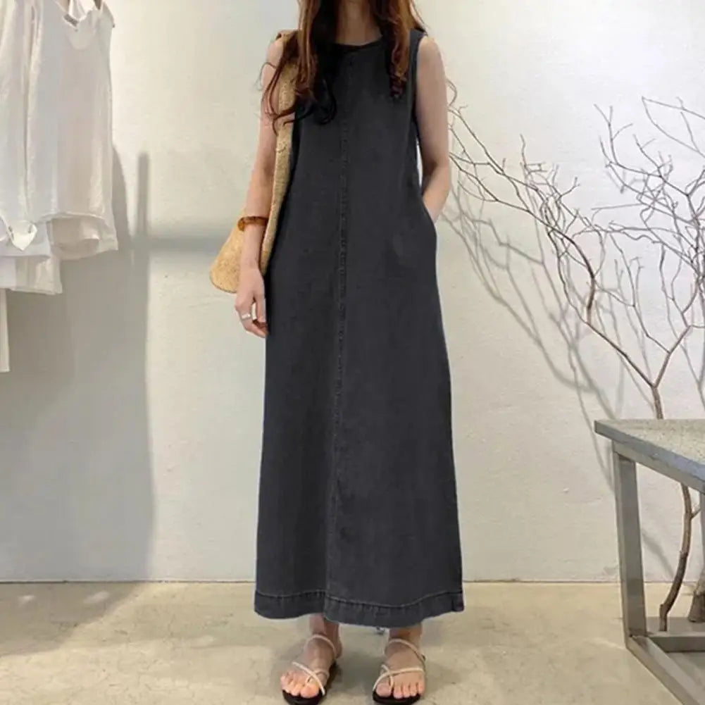 SANWOOD Casual Loose Long Maxi Sundress Pleated Denim Sleeveless