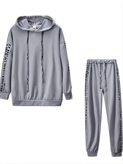 Fashion Print Striped Casual Two-piece Set  Drawstring Hooded Drop Shoulder Tops & Long Length Loose Pants Set, Women's Clothing