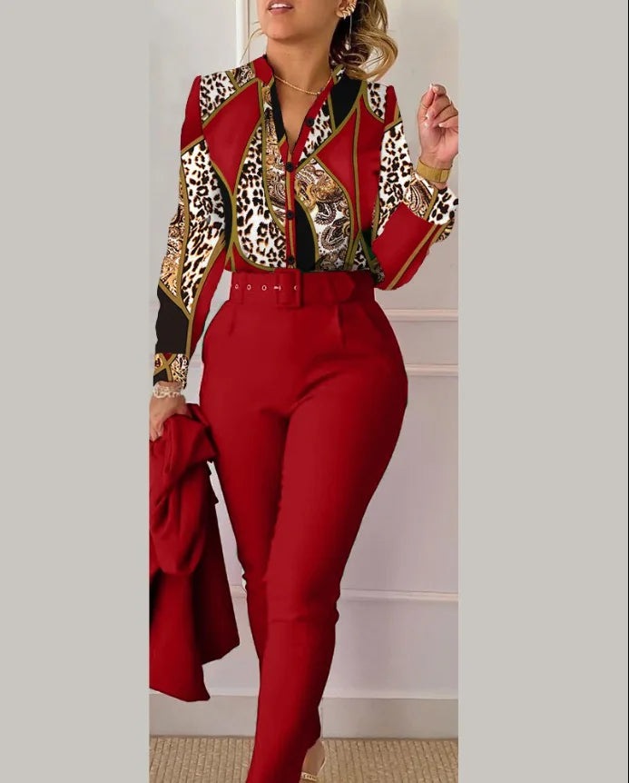 Elegant Womens Printed Two Piece Suit Sets V Neck Long Sleeve Shirt Top & Long Pants Set With Belt