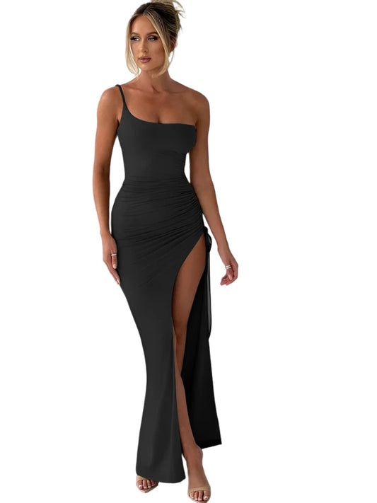 Articat One Shoulder Drawstring High Slit Dress