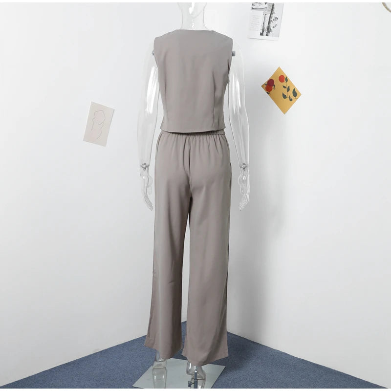 Women's Casual Chic Sleeveless V-neck Buttoned Vest & High Waist Pants 2 Piece Set