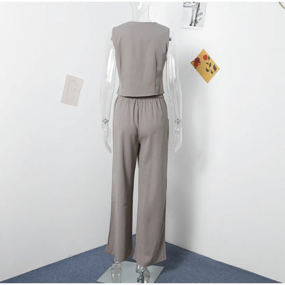 Women's Casual Chic Sleeveless V-neck Buttoned Vest & High Waist Pants 2 Piece Set