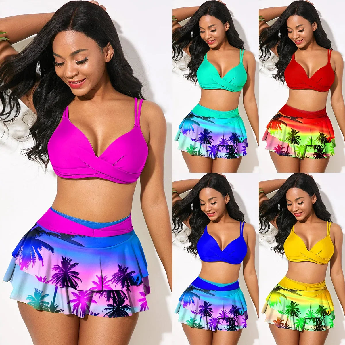 Tropical Ruffled High Waisted Skirted Two Piece Bikini Swimsuit Set for Women