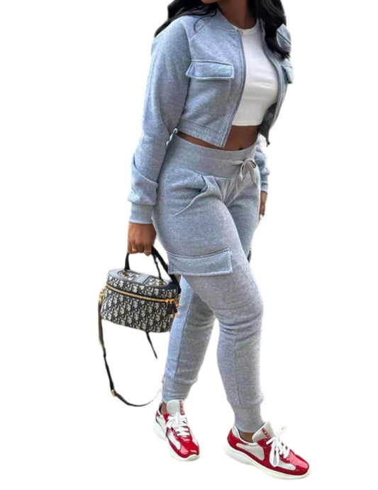 Sporty Two-Piece Cropped Jacket & High Waist Pocketed Jogger Pants