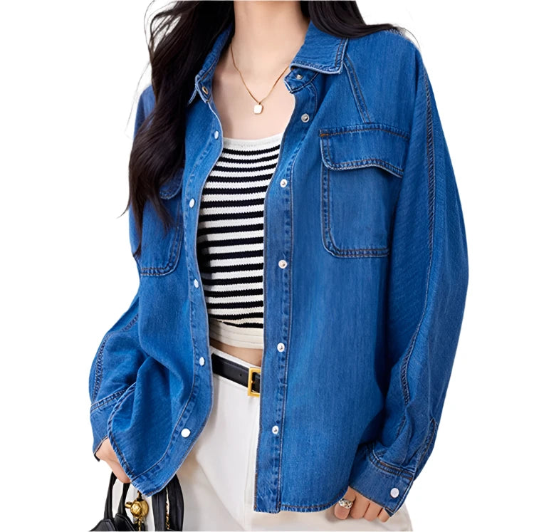 HHQ Casual Chic Vintage Denim Long Sleeve Button-up Shirt