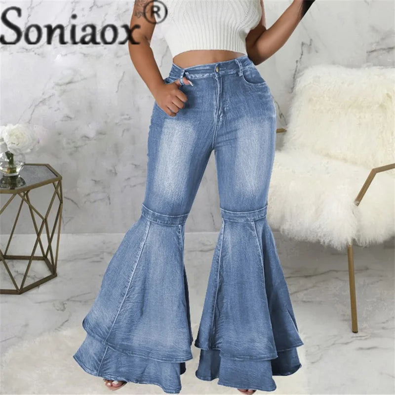 Vintage High Waist Fashion Splicing Layers Flared Denim Blue Jeans