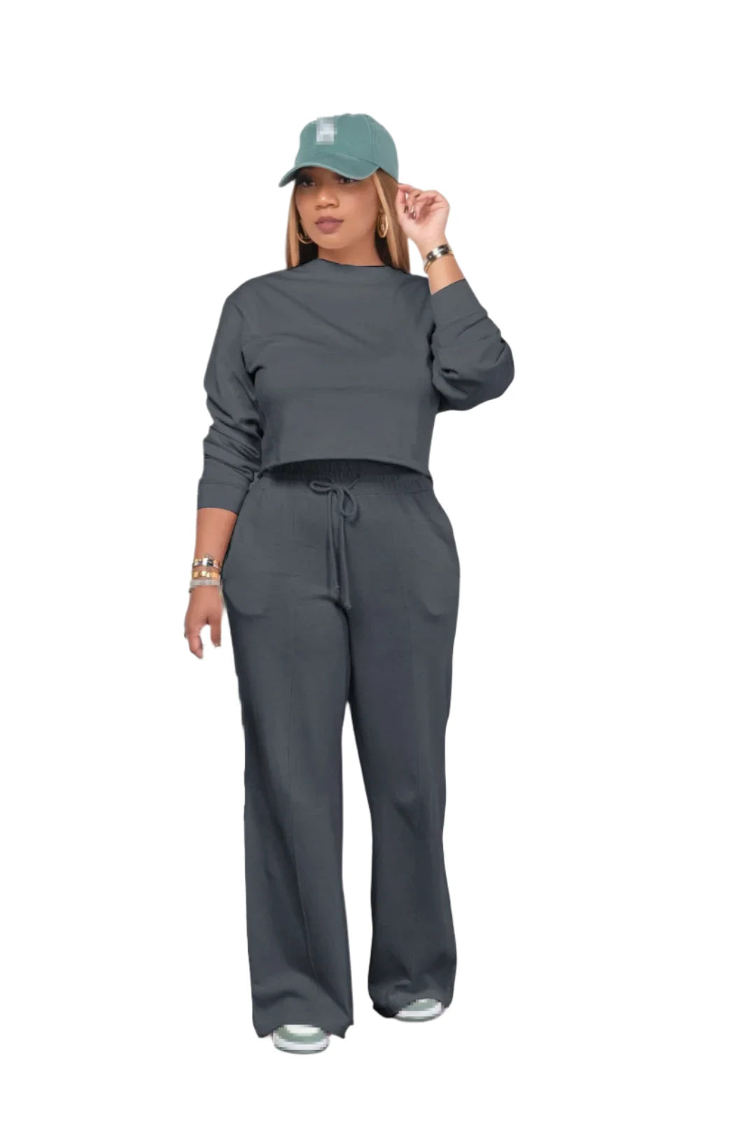 STEFIONM Two Piece Cotton Blend High Stretch Casual Long Sleeve Sweatshirt & High Waist Pants Set for Women