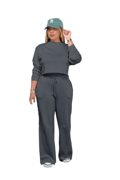 STEFIONM Two Piece Cotton Blend High Stretch Casual Long Sleeve Sweatshirt & High Waist Pants Set for Women