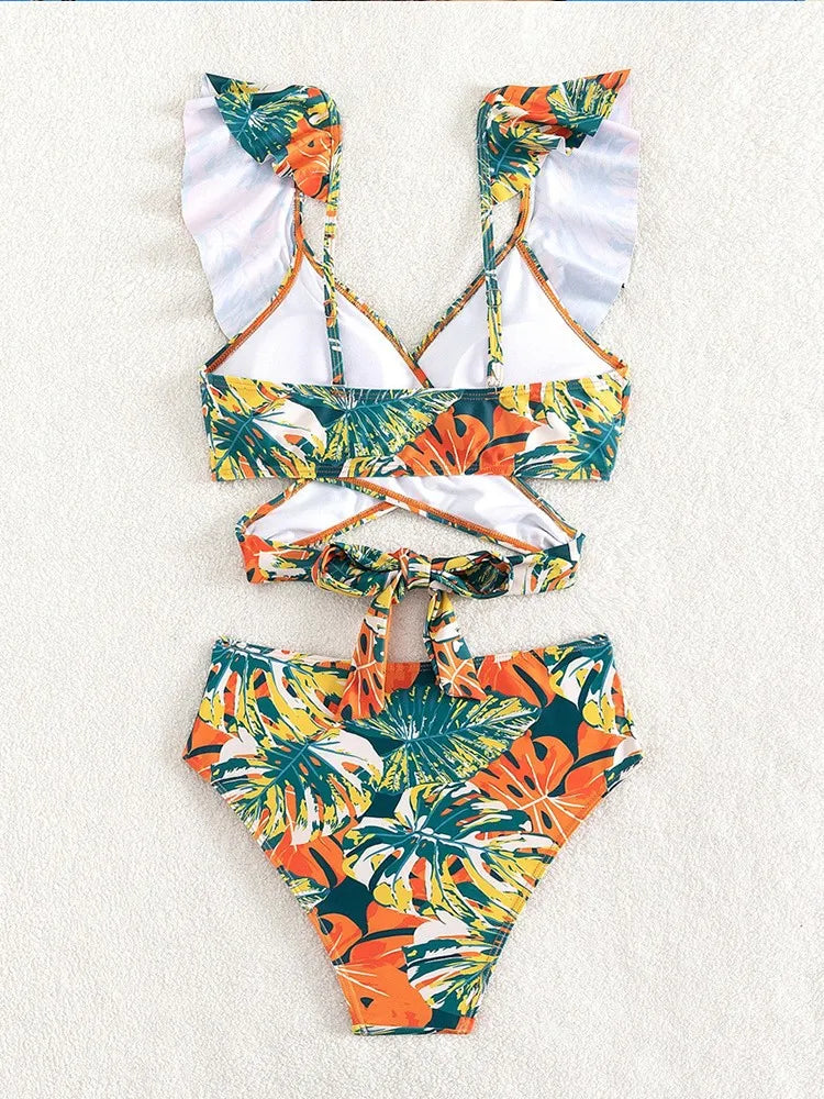 FRECKANGE Tropical Print Push Up Bikini Top &  High Waist Bikini Swimwear Set