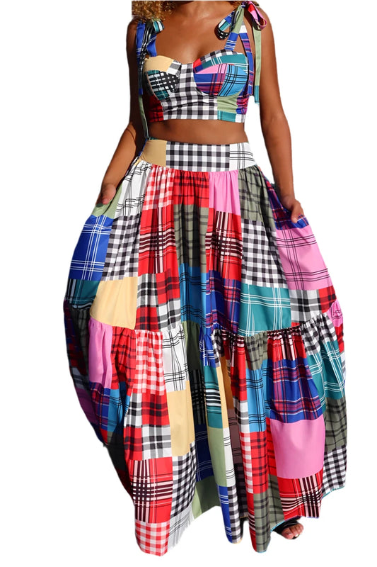 Plaid Print Vintage Casual Cropped Tank Top and High Waist Skirt Matching Set