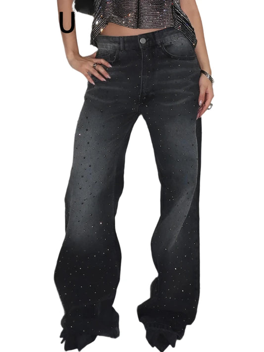 BKQU Low Waist Wide Leg Rhinestone Women's Jeans