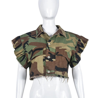 DEAT Camouflage Turn-down Collar Butterfly Sleeve Single Breasted Jacket