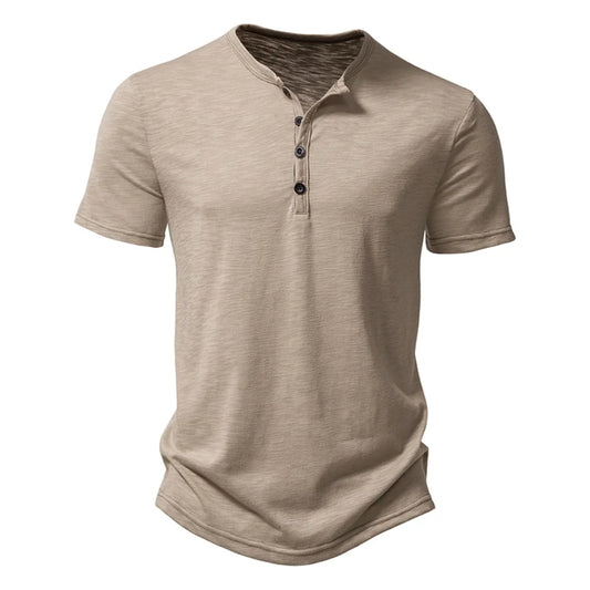 Henley Collar Casual Solid Color Short Sleeve T Shirt for Men