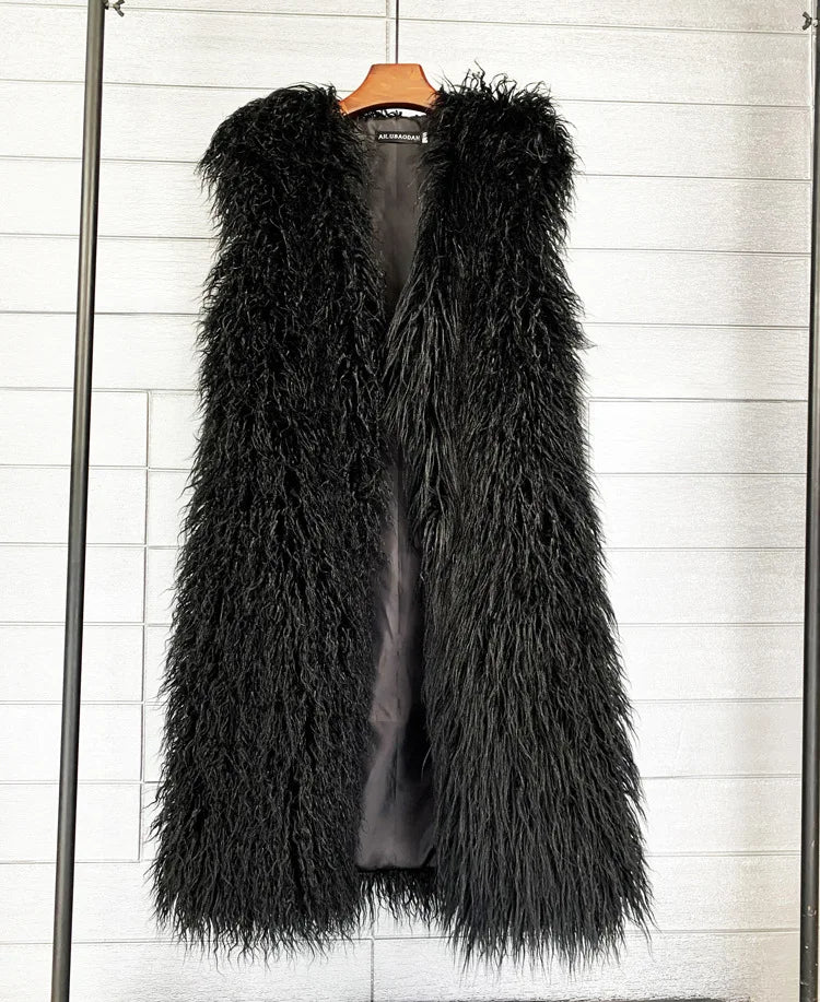 Beautiful Vibrant Colors High Fashion Faux Mongolia Sheep Fur Long Sleeveless Vest for Women