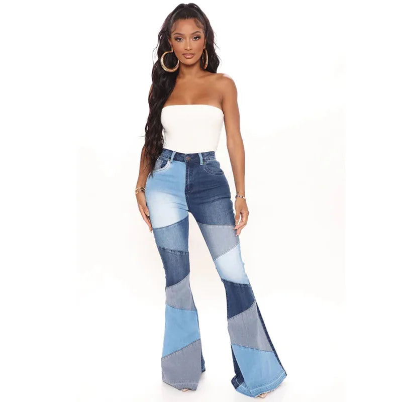 Paneled Collision Fashionable High Waist Flared Denim Blue Jeans