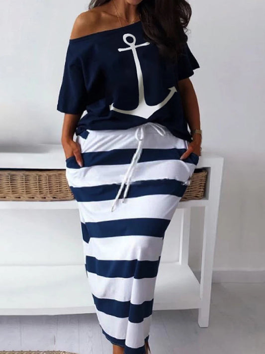 Bon Vo yage Sailor Strips Off the Shoulder Top & Skirt w/ Pockets Set