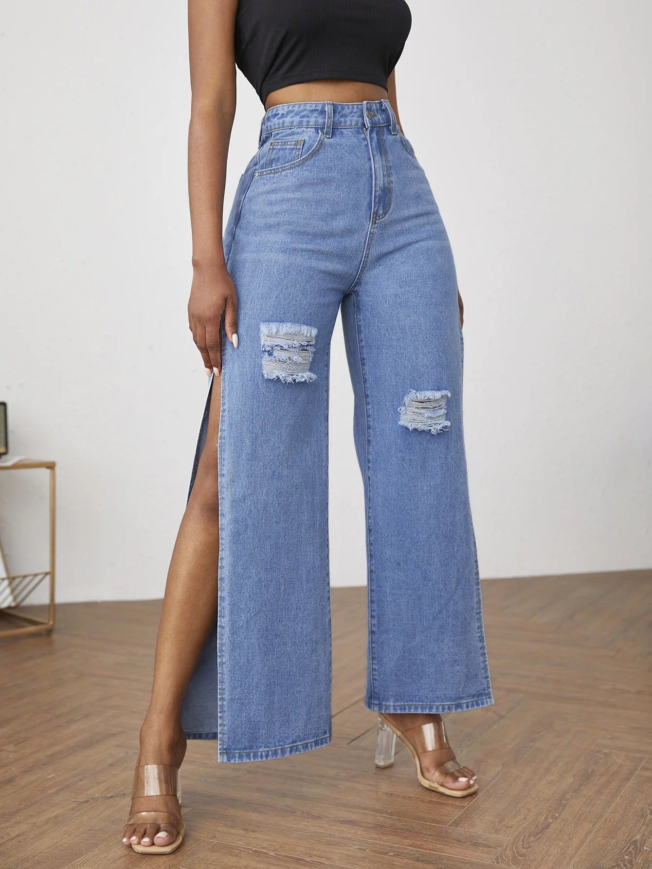 High Fashion Women's High Waist Ripped Slit Denim Blue Jeans