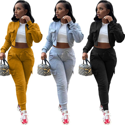 Sporty Two-Piece Cropped Jacket & High Waist Pocketed Jogger Pants