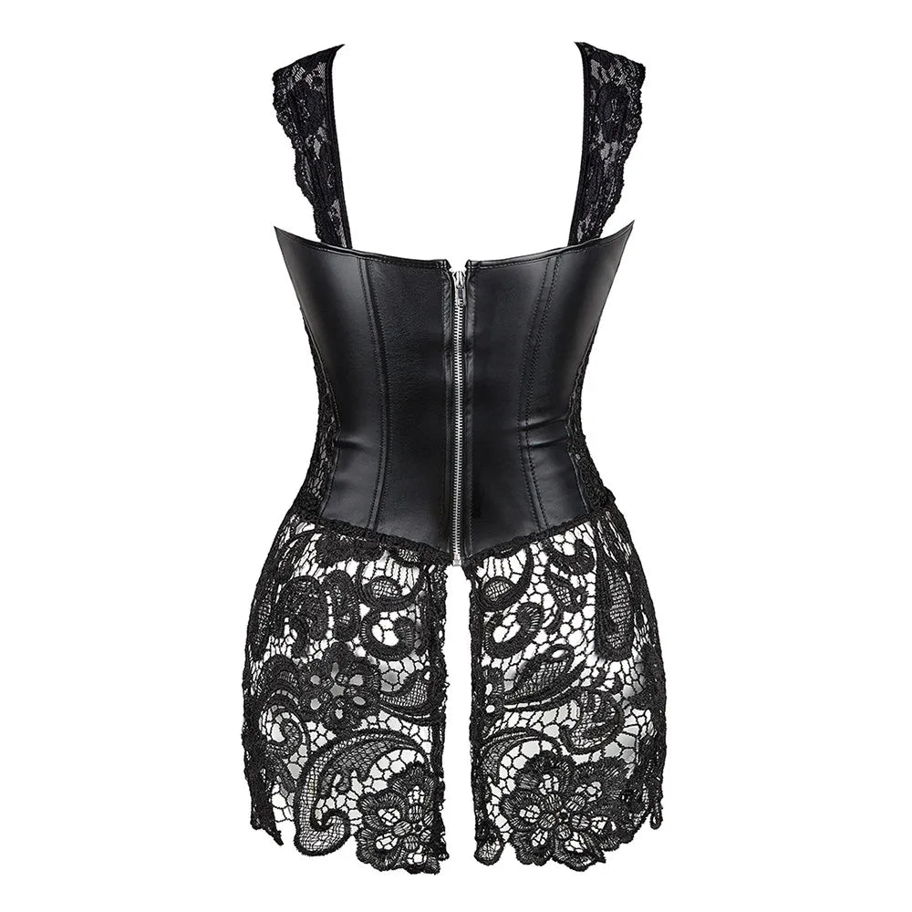 Women's Steampunk Overbust Corset Dress Lace Up Zipper Back