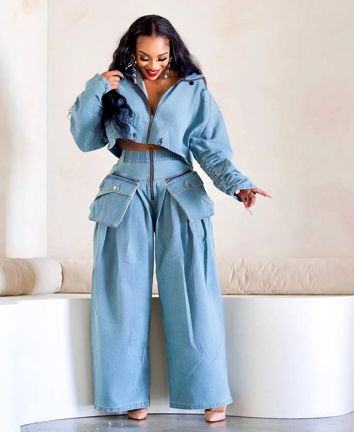 High Fashion Retro Trend Setter Two Piece Denim Blue Jean Set for Women Wide Leg Loose Fit